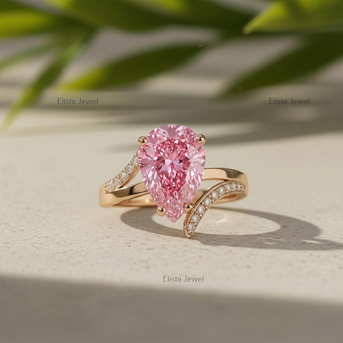 Pink Diamond Ring, Pear Shaped Lab Engagement Rose Gold Split Shank Pave IGI Certified