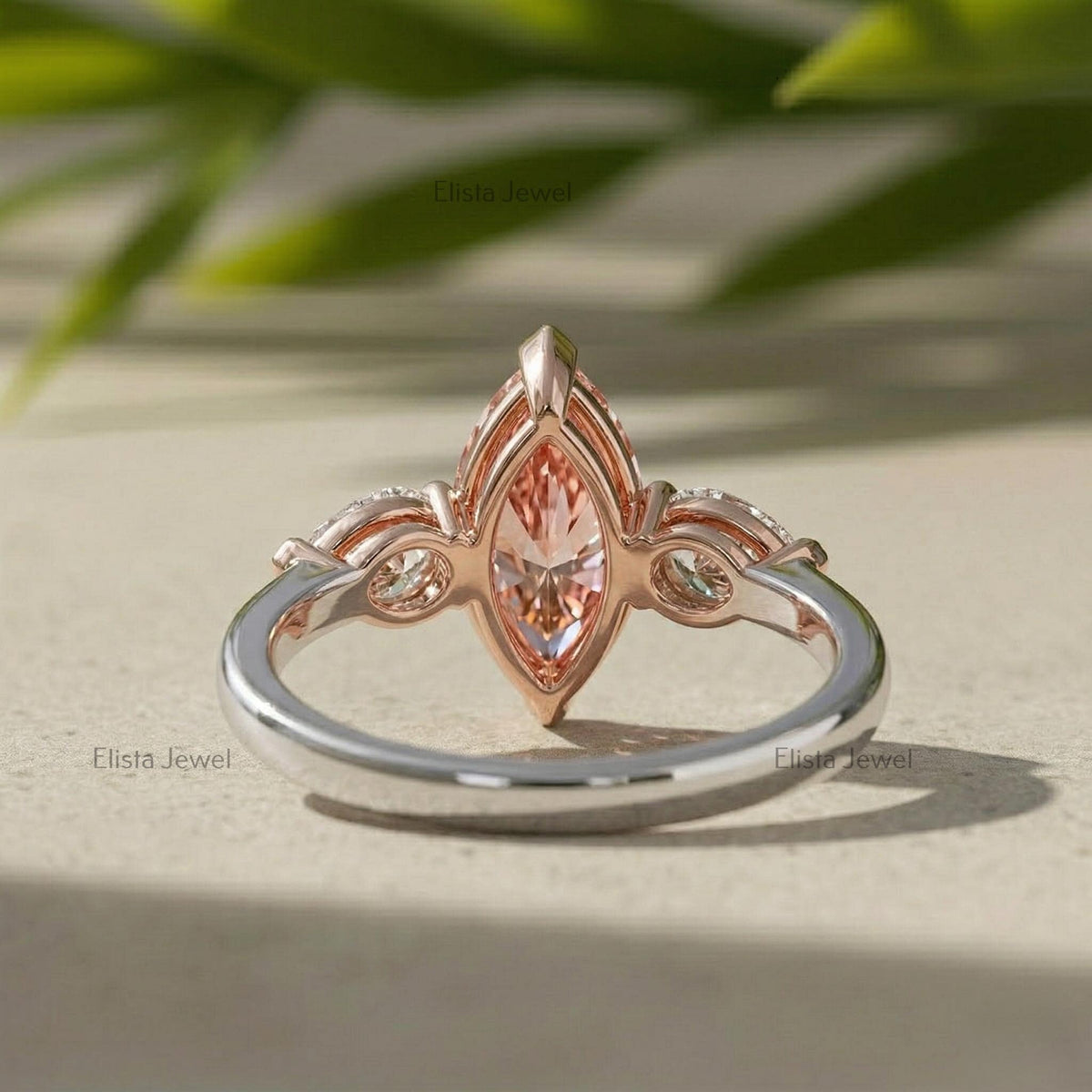 Marquise Pink Lab Diamond Three Stone Ring, 14K Two Tone Pear Stones (IGI Certified)
