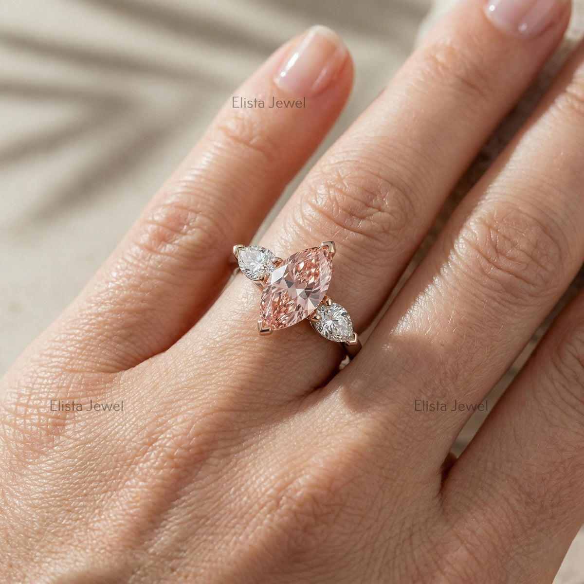 Marquise Pink Lab Diamond Three Stone Ring, 14K Two Tone Pear Stones (IGI Certified)