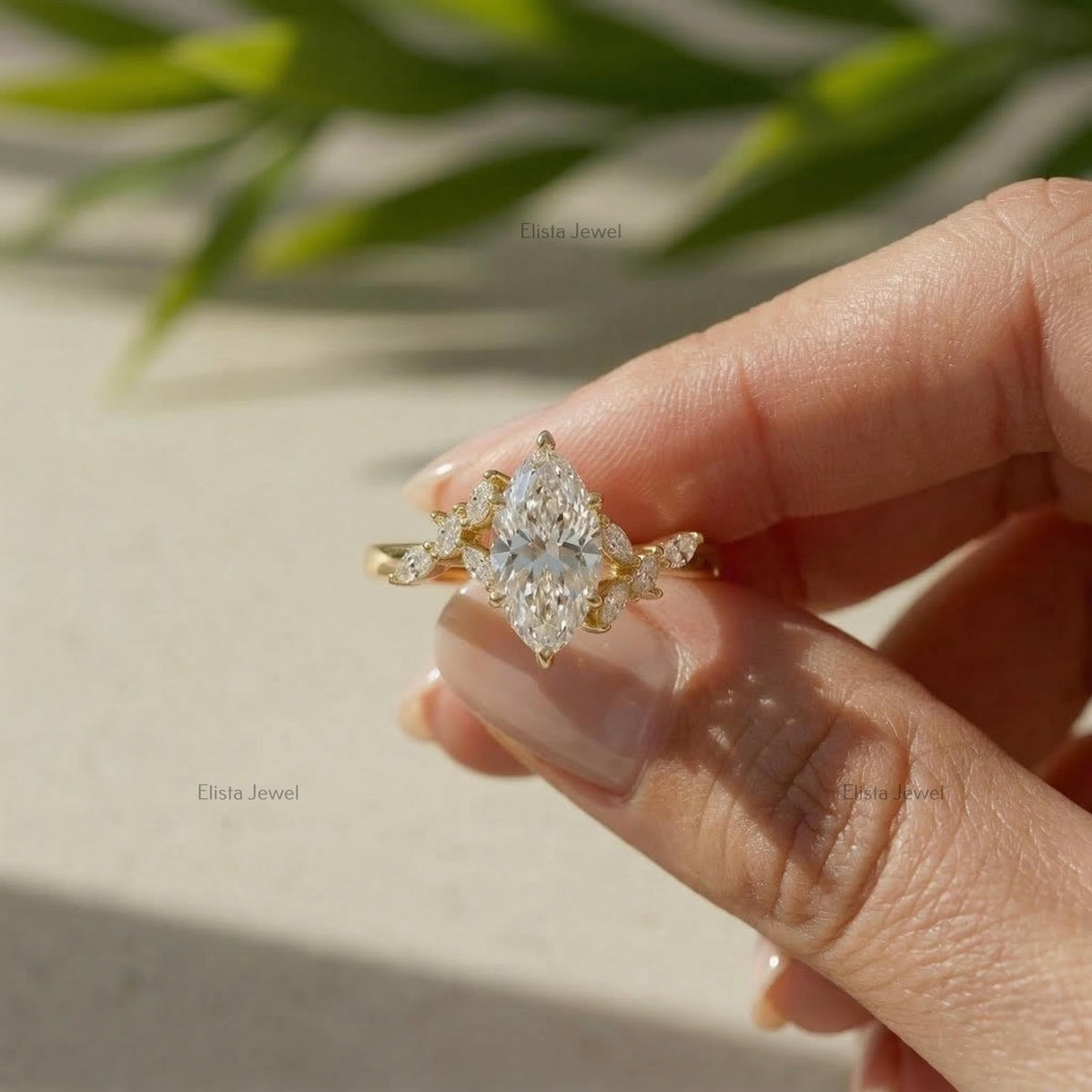 Marquise Lab Grown Diamond Leaf Vine Engagement Ring 14K Yellow Gold (IGI Certified)