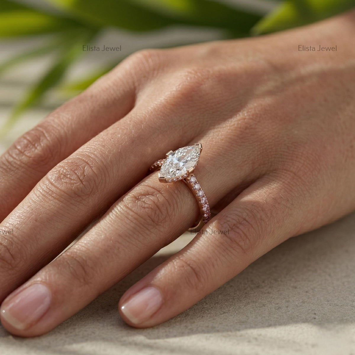 Marquise Lab Grown Diamond Engagement Ring, Rose Gold Pave Band, Minimalist Bridal Ring