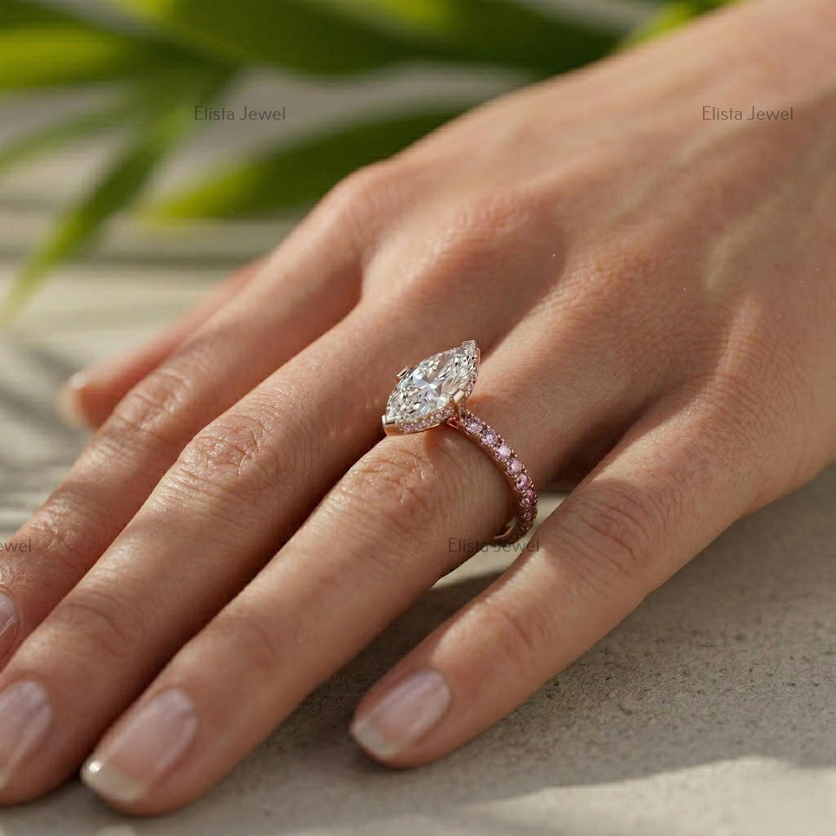Marquise Lab Grown Diamond Engagement Ring, Rose Gold Pave Band, Minimalist Bridal Ring