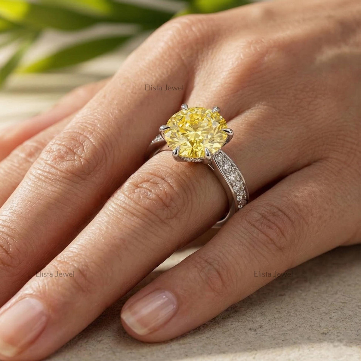 Round Lab Grown Yellow Diamond Engagement Ring, Pave Band, IGI Certified