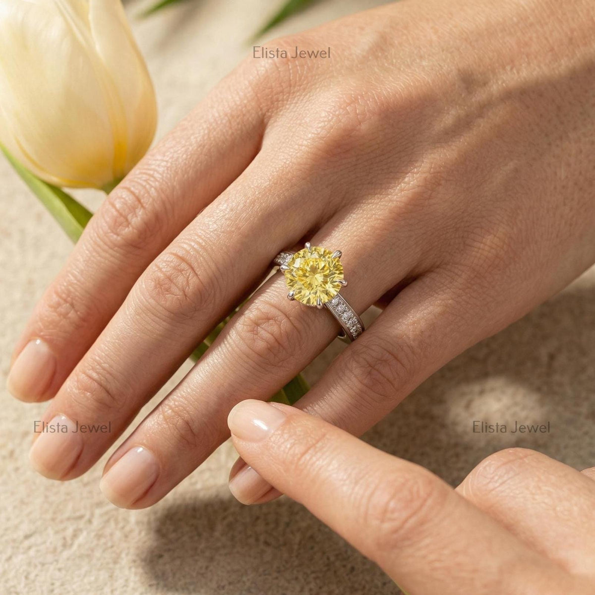 Round Lab Grown Yellow Diamond Engagement Ring, Pave Band, IGI Certified