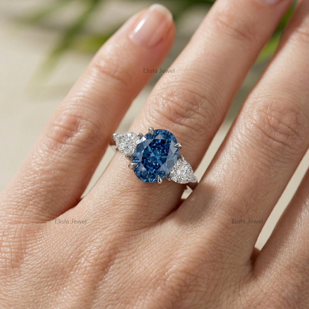 Oval Blue Sapphire Three Stone Engagement Ring, Trillion Diamonds, Platinum Band, IGI Certified
