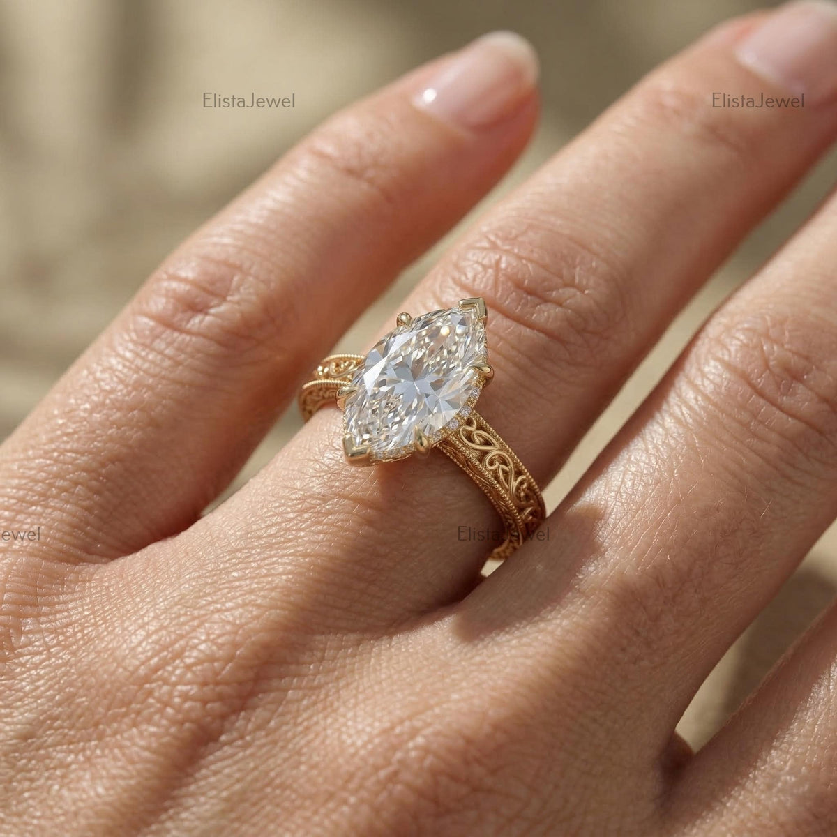Marquise Lab Grown Diamond Engagement Ring, Vintage Yellow Gold Filigree Solitaire