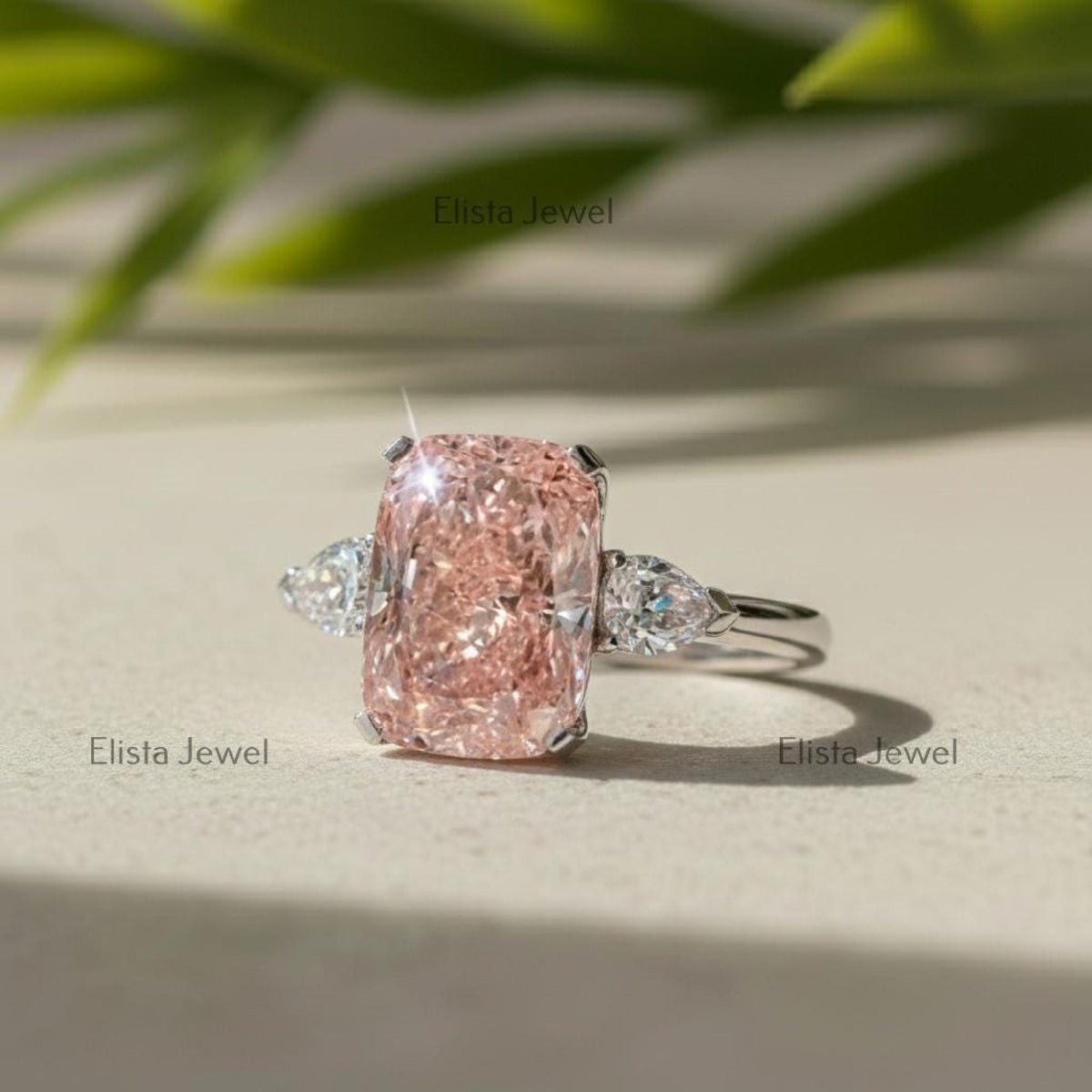 Radiant Lab-Grown Pink Diamond Three Stone Platinum Ring