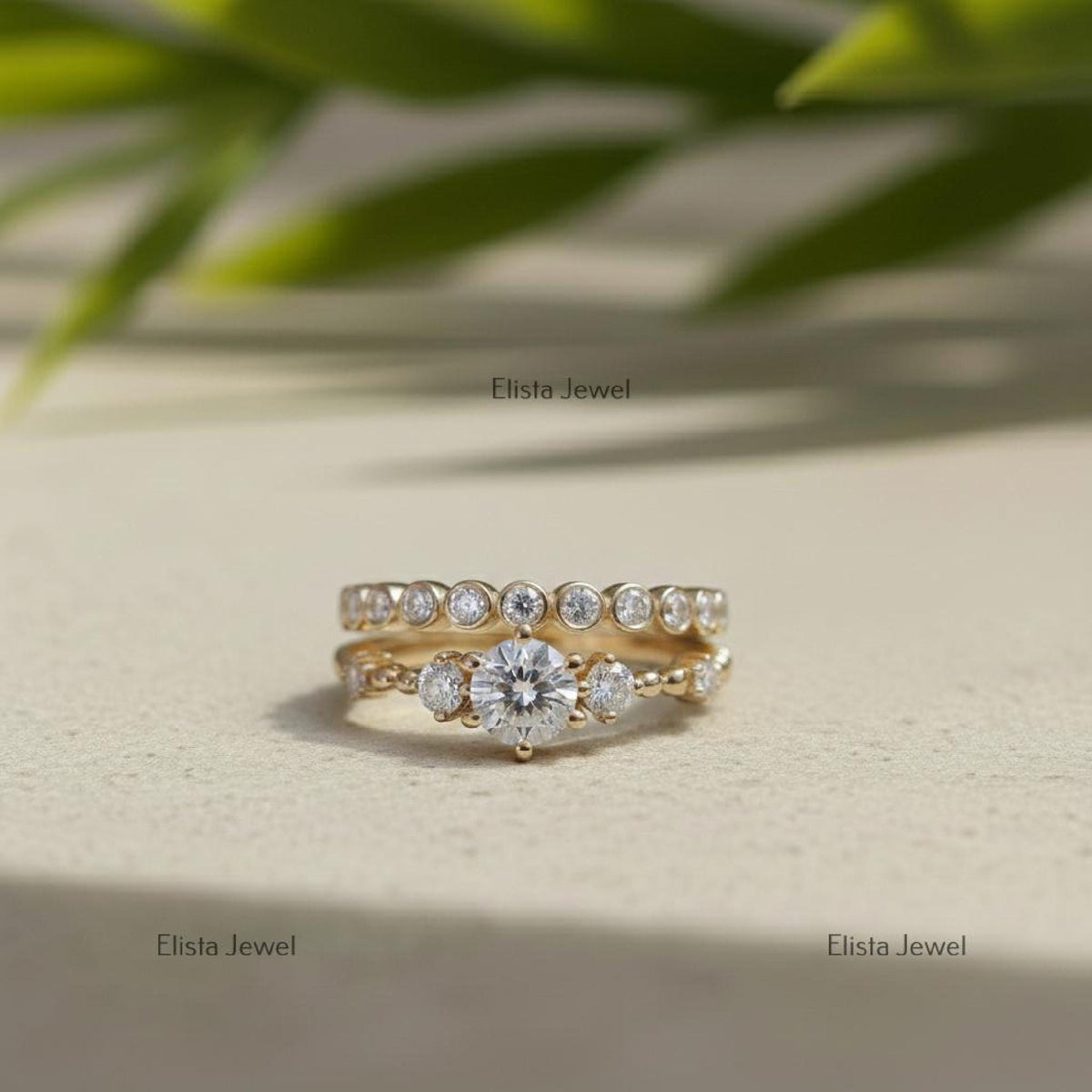 Lab-Grown Round Diamond Engagement Ring Set, 14K Yellow Gold