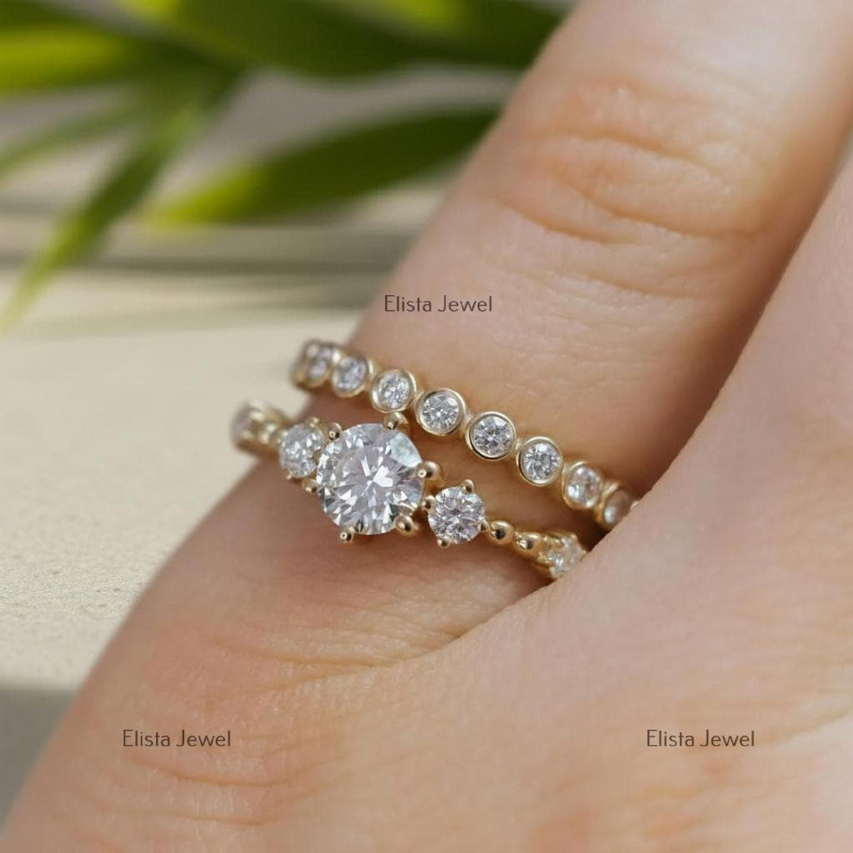 Lab-Grown Round Diamond Engagement Ring Set, 14K Yellow Gold