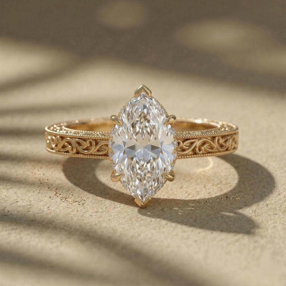 Marquise Lab Grown Diamond Engagement Ring, Vintage Yellow Gold Filigree Solitaire