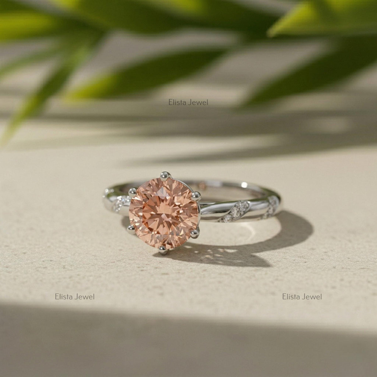 Fancy Peach Round Lab Grown Diamond Solitaire Engagement Ring, 14k White Gold Vine Band IGI Certified