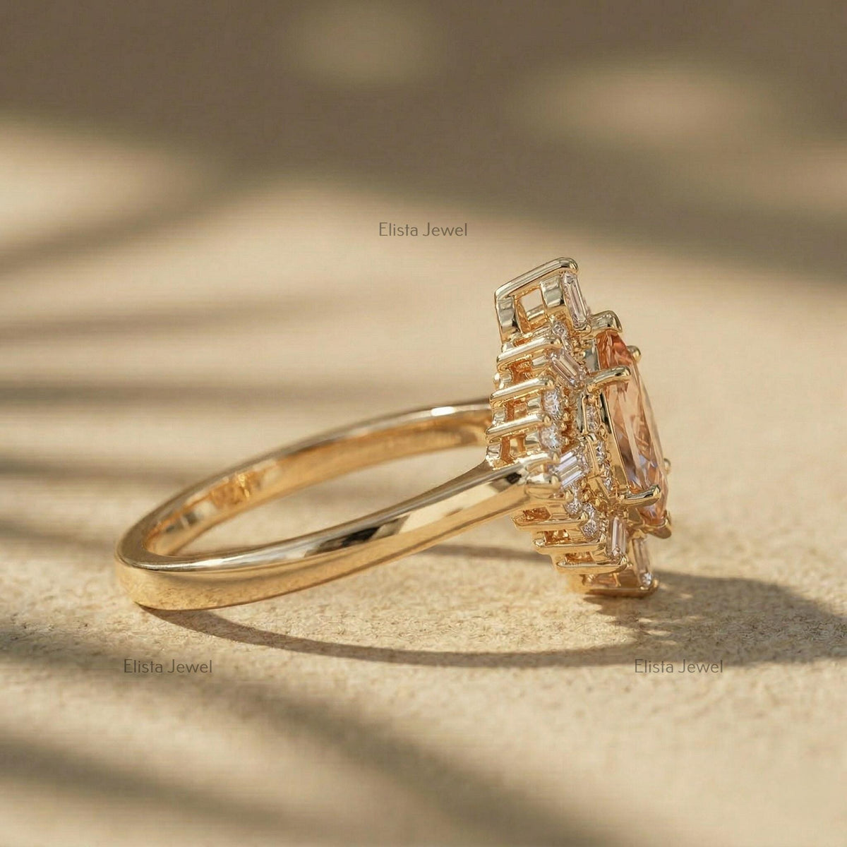 Marquise Peach Diamond Halo Engagement Ring, 18K Yellow Gold, Vintage Sparkle