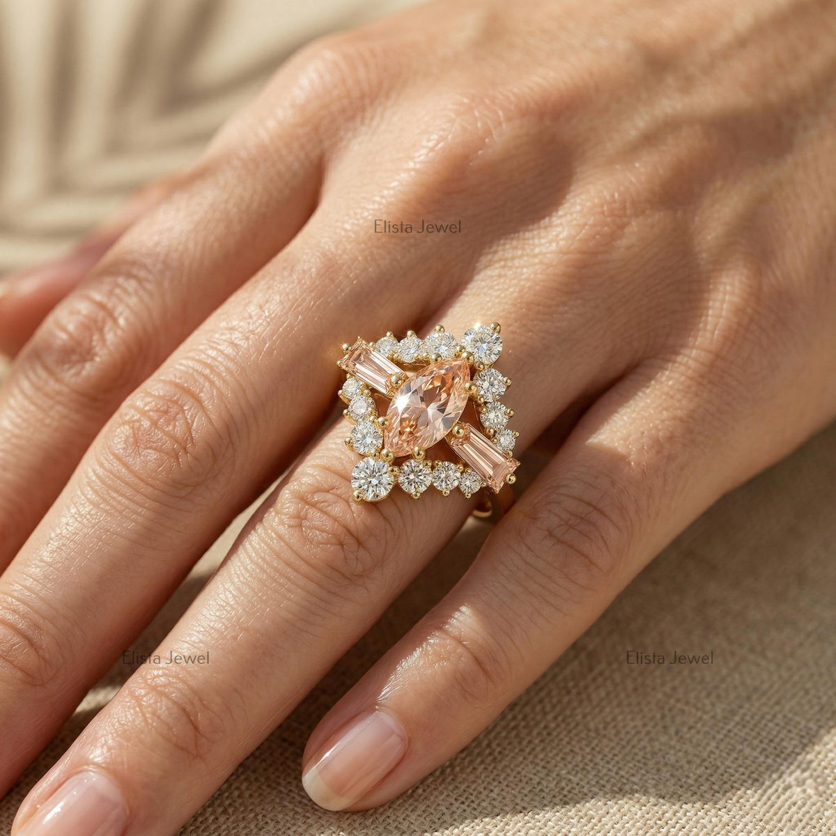 Marquise Peach Diamond Halo Engagement Ring, 18K Yellow Gold, Vintage Sparkle