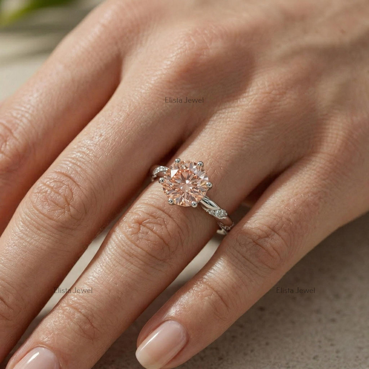 Fancy Peach Round Lab Grown Diamond Solitaire Engagement Ring, 14k White Gold Vine Band IGI Certified