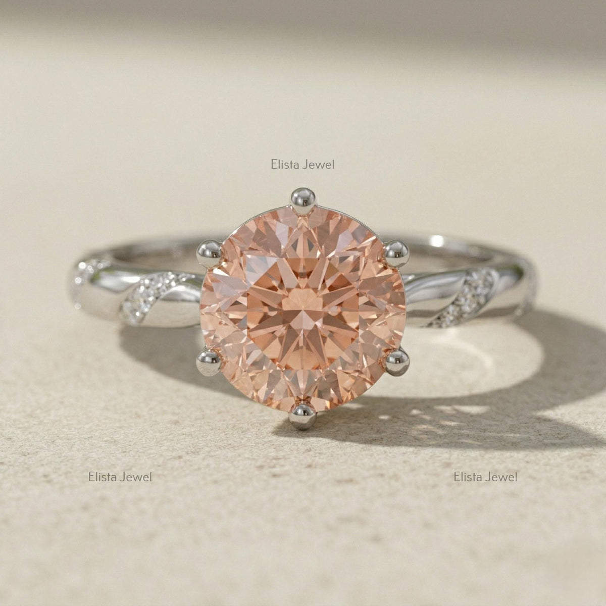 Fancy Peach Round Lab Grown Diamond Solitaire Engagement Ring, 14k White Gold Vine Band IGI Certified