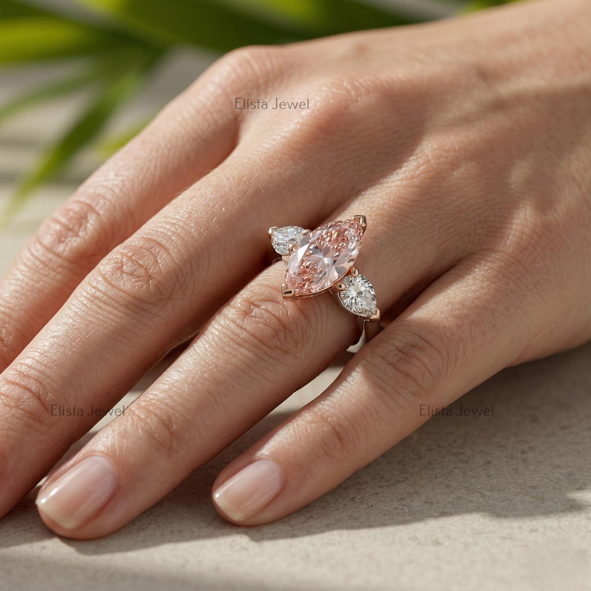 Marquise Pink Lab Diamond Three Stone Ring, 14K Two Tone Pear Stones (IGI Certified)