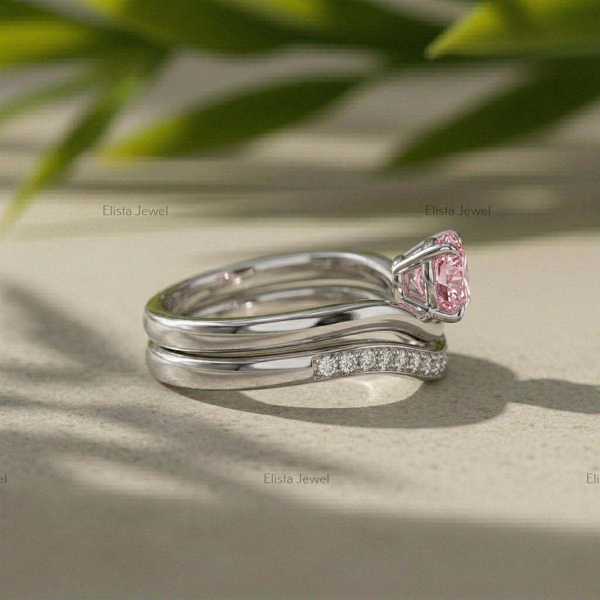 Pear Lab Grown Diamond Set, 14K White Gold Pave Band, IGI Certified Pink Ring