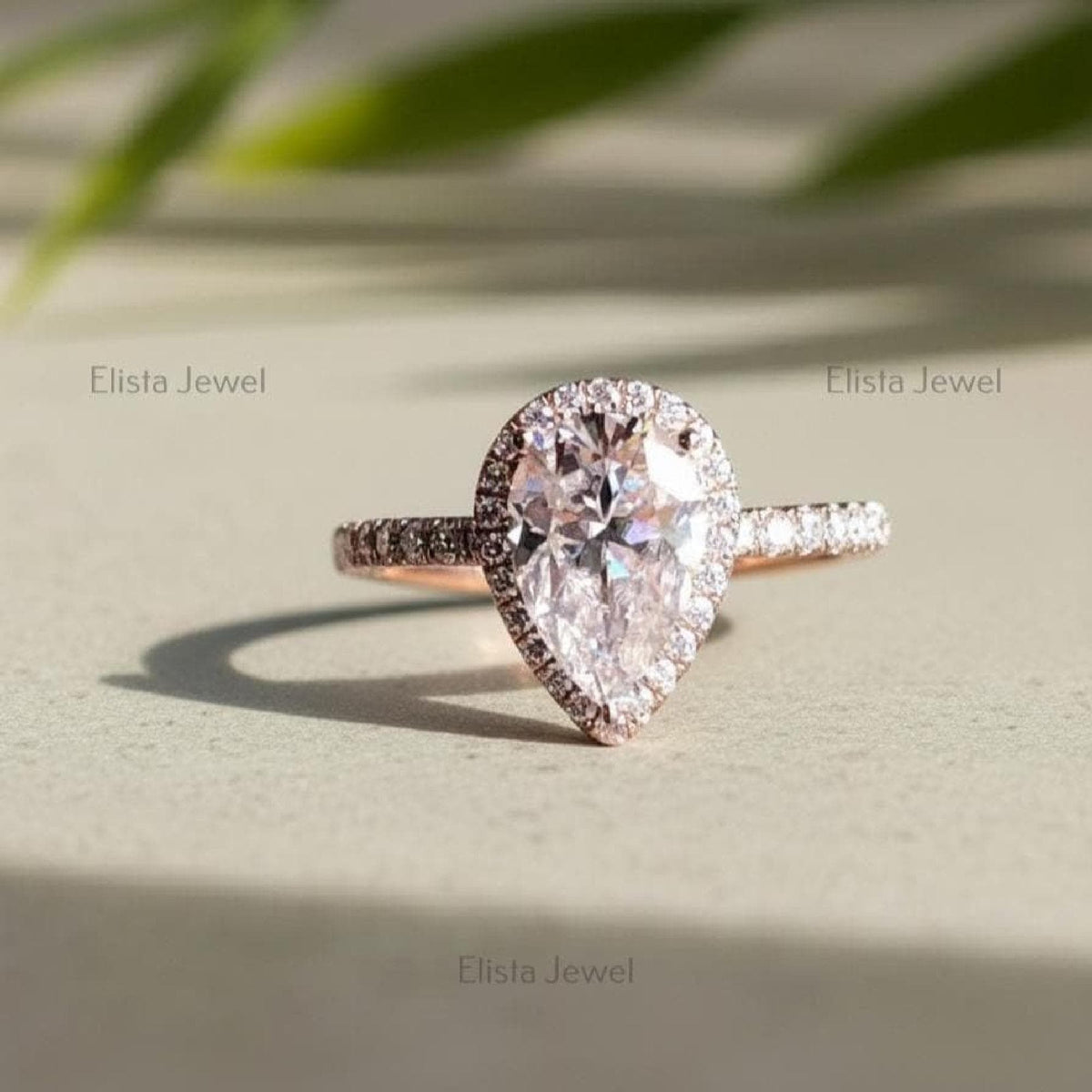 Pear Engagement Halo Ring Lab-Grown Diamond 14K Ros Gold Pavé Band