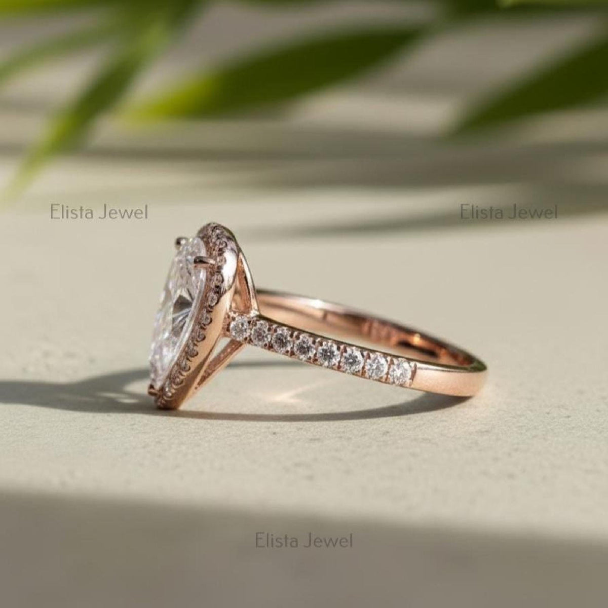 Pear Engagement Halo Ring Lab-Grown Diamond 14K Ros Gold Pavé Band