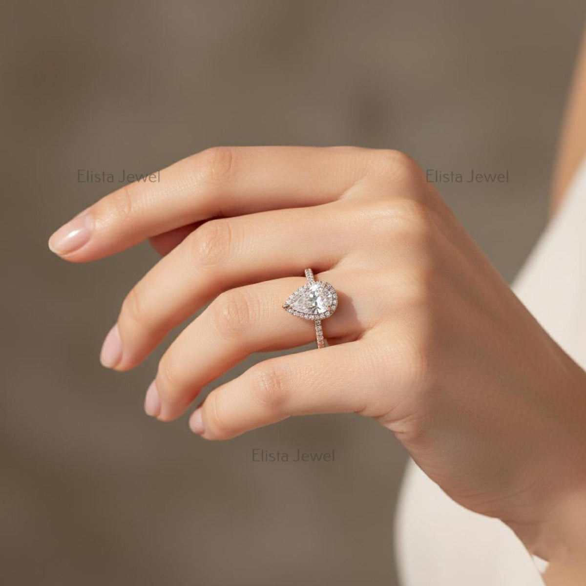 Pear Engagement Halo Ring Lab-Grown Diamond 14K Ros Gold Pavé Band