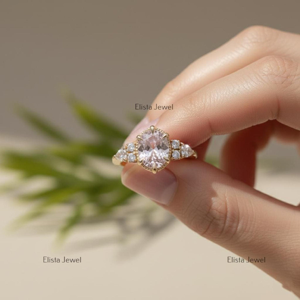 Pink Diamond Ring Fancy Oval Lab-Grown Yellow Gold Engagement