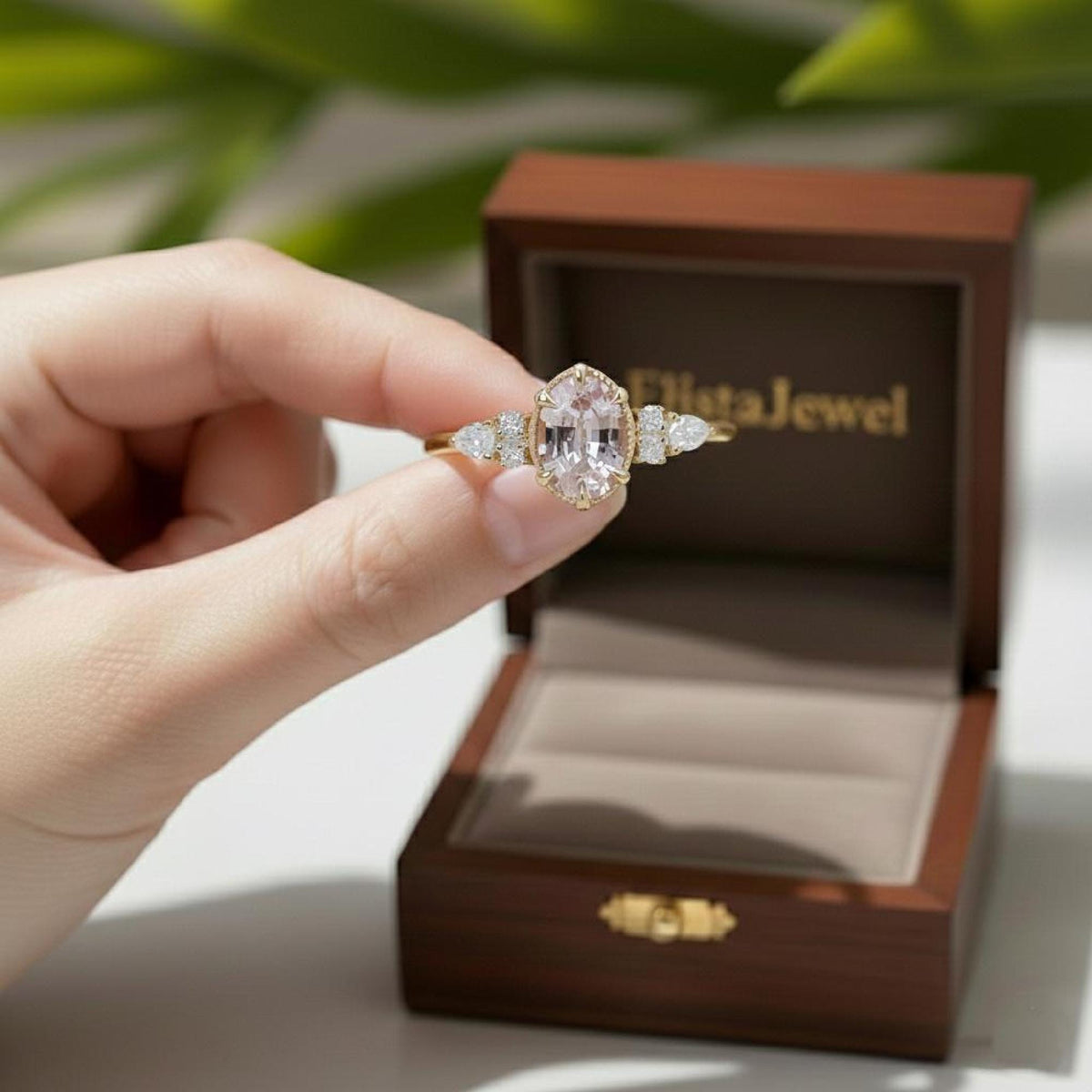 Pink Diamond Ring Fancy Oval Lab-Grown Yellow Gold Engagement
