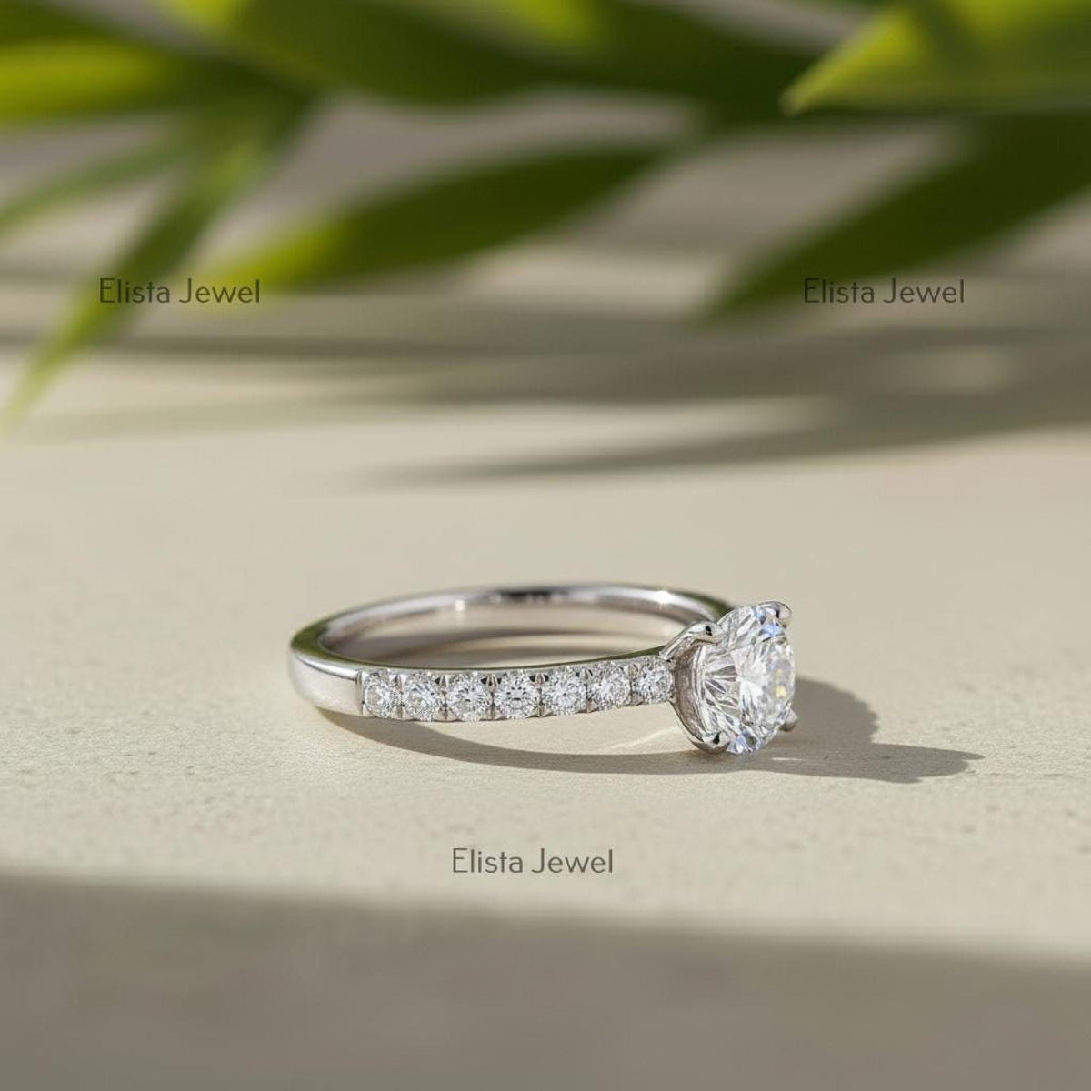 Round Lab-Grown Diamond Solitaire Engagement Ring In 14K Solid White Gold With pave setting
