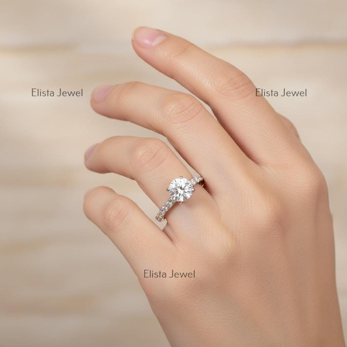 Round Lab-Grown Diamond Solitaire Engagement Ring In 14K Solid White Gold With pave setting