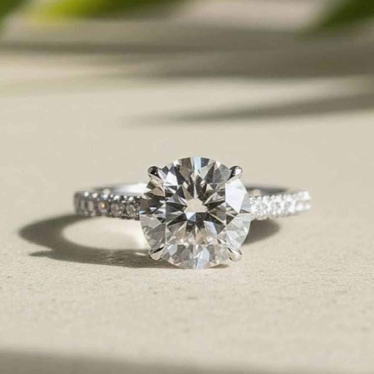 Solitaire Ring Round Diamond Lab-Grown Pave Band Engagement 10K Solid White Gold