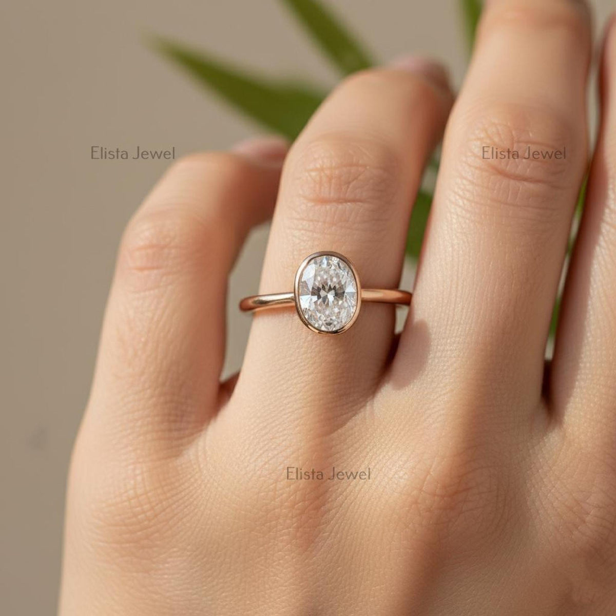 Oval Diamond Ring Lab-Grown 14K Rose Gold Bezel Solitaire