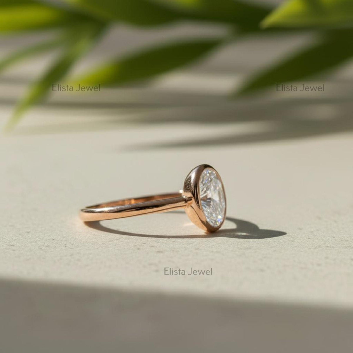Oval Diamond Ring Lab-Grown 14K Rose Gold Bezel Solitaire