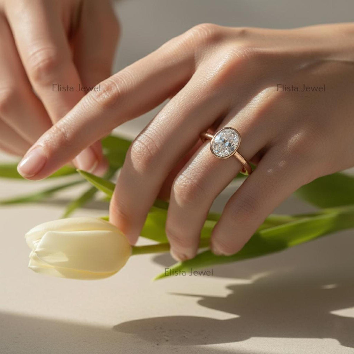 Oval Diamond Ring Lab-Grown 14K Rose Gold Bezel Solitaire