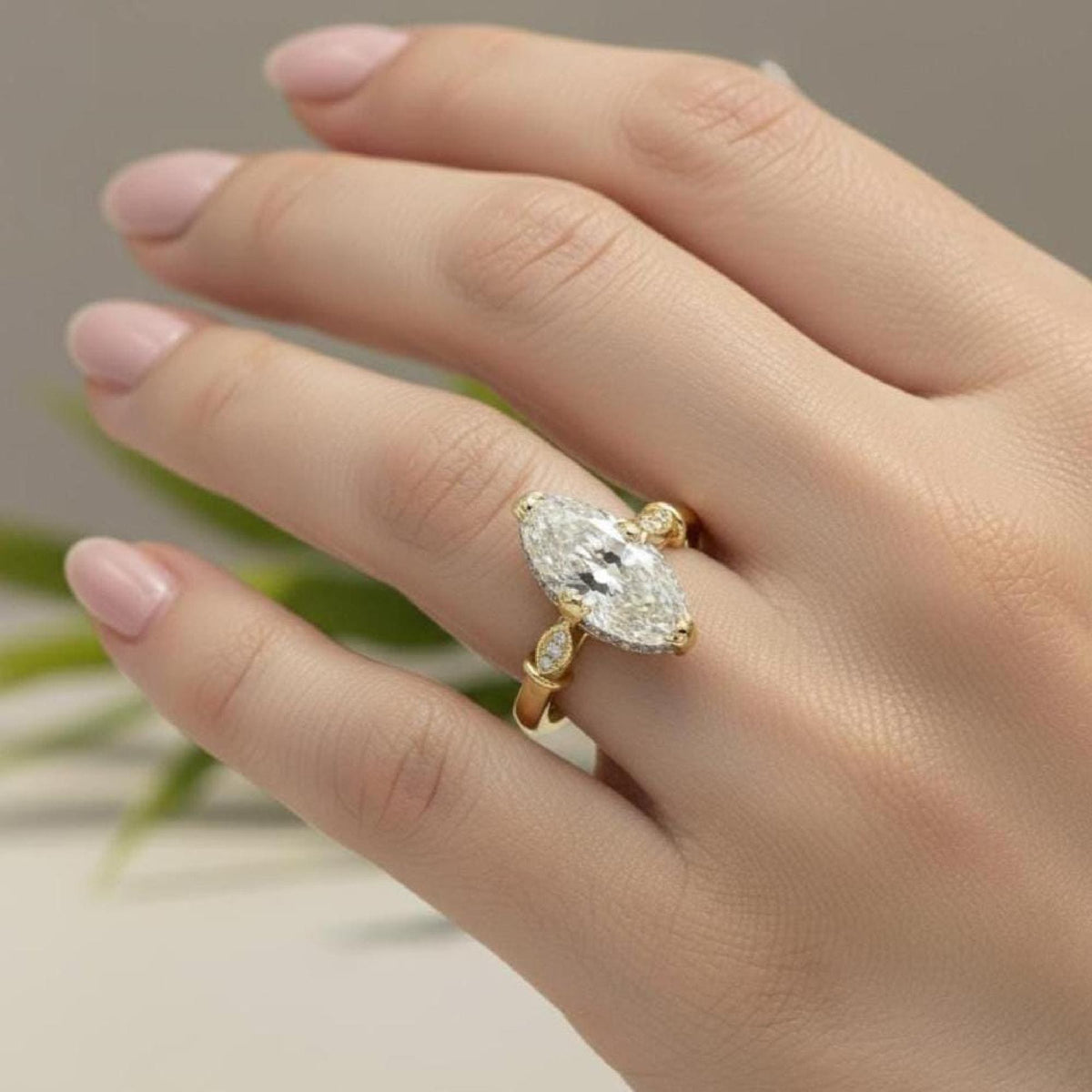 Marquise Ring Lab-Grown Diamond Engagement Ring in 18K Yellow Gold, Pave Halo Band