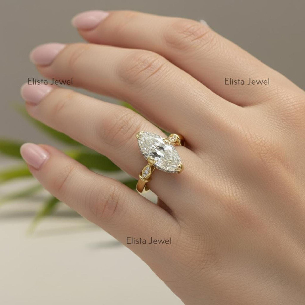 Marquise Ring Lab-Grown Diamond Engagement Ring in 18K Yellow Gold, Pave Halo Band