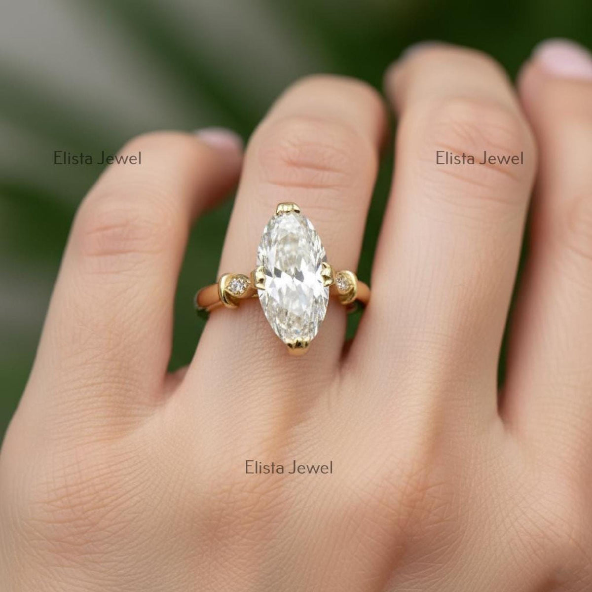 Marquise Ring Lab-Grown Diamond Engagement Ring in 18K Yellow Gold, Pave Halo Band