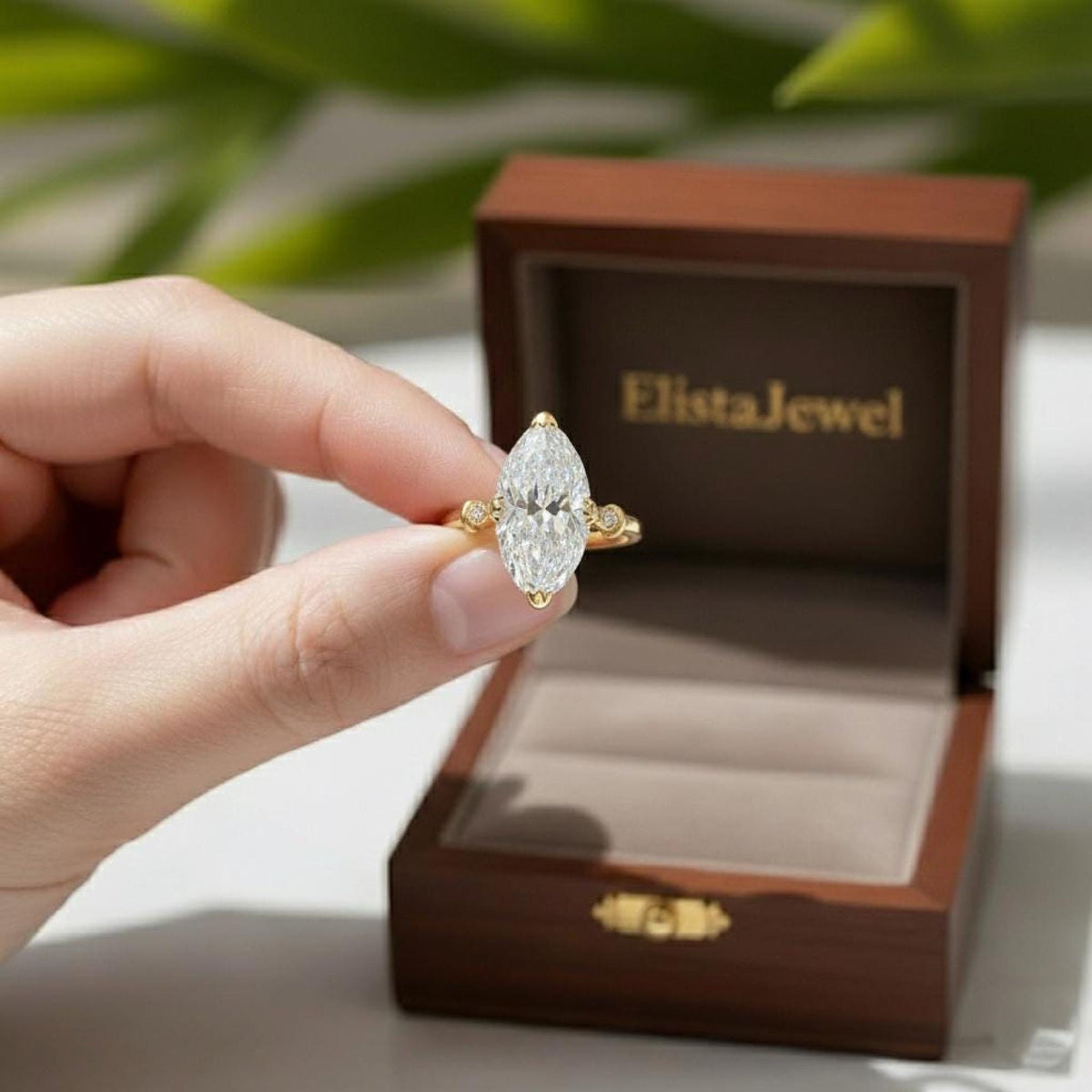 Marquise Ring Lab-Grown Diamond Engagement Ring in 18K Yellow Gold, Pave Halo Band