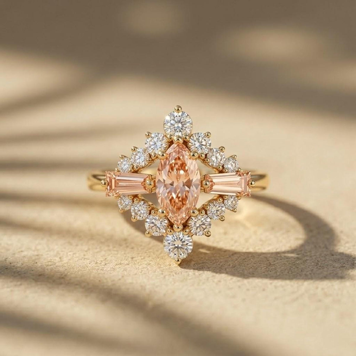 Marquise Peach Diamond Halo Engagement Ring, 18K Yellow Gold, Vintage Sparkle