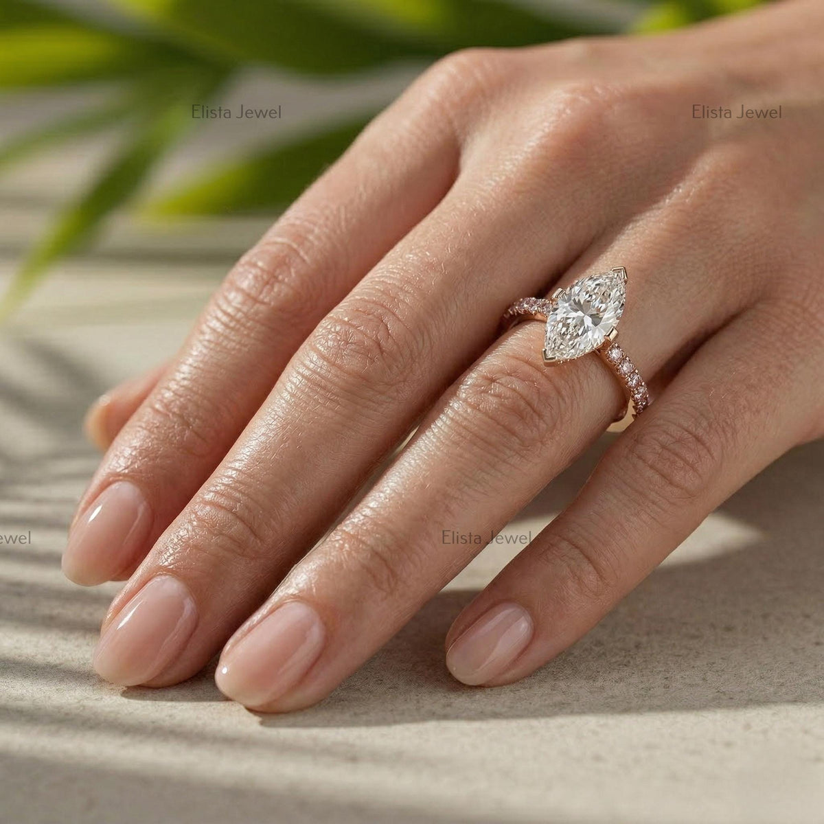 Marquise Lab Grown Diamond Engagement Ring, Rose Gold Pave Band, Minimalist Bridal Ring