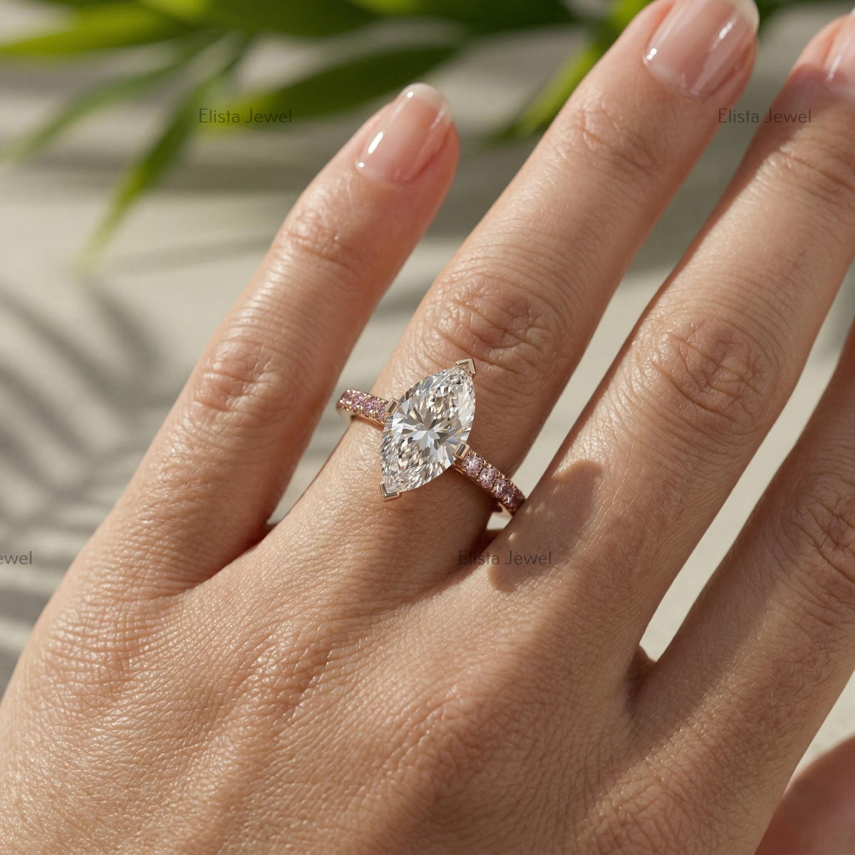 Marquise Lab Grown Diamond Engagement Ring, Rose Gold Pave Band, Minimalist Bridal Ring