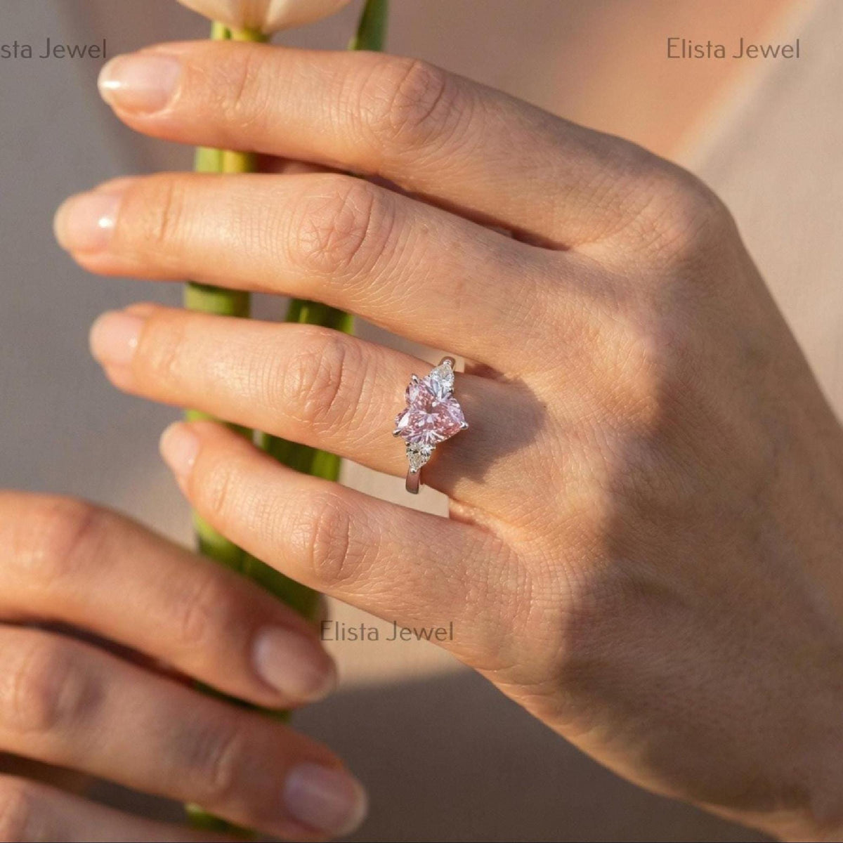 Pink Heart Lab Grown Diamond Three Stone Ring In 14K Solid White Gold