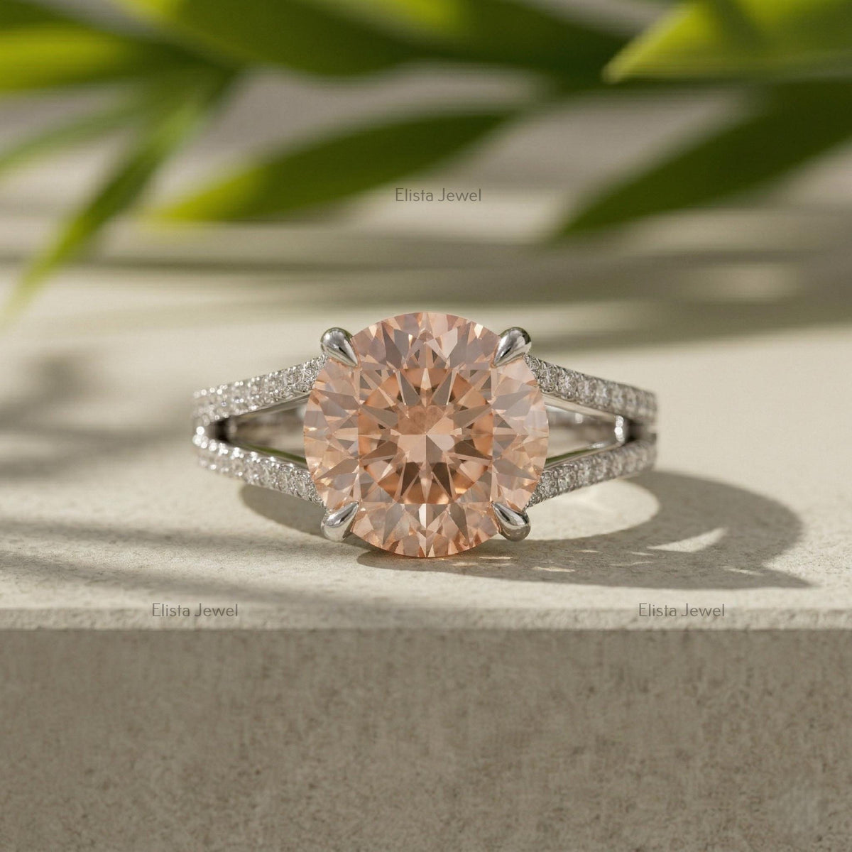 Round Lab Grown Diamond Split Shank Engagement Ring, Peach Solitaire, Micro Pave Band (IGI Certified)
