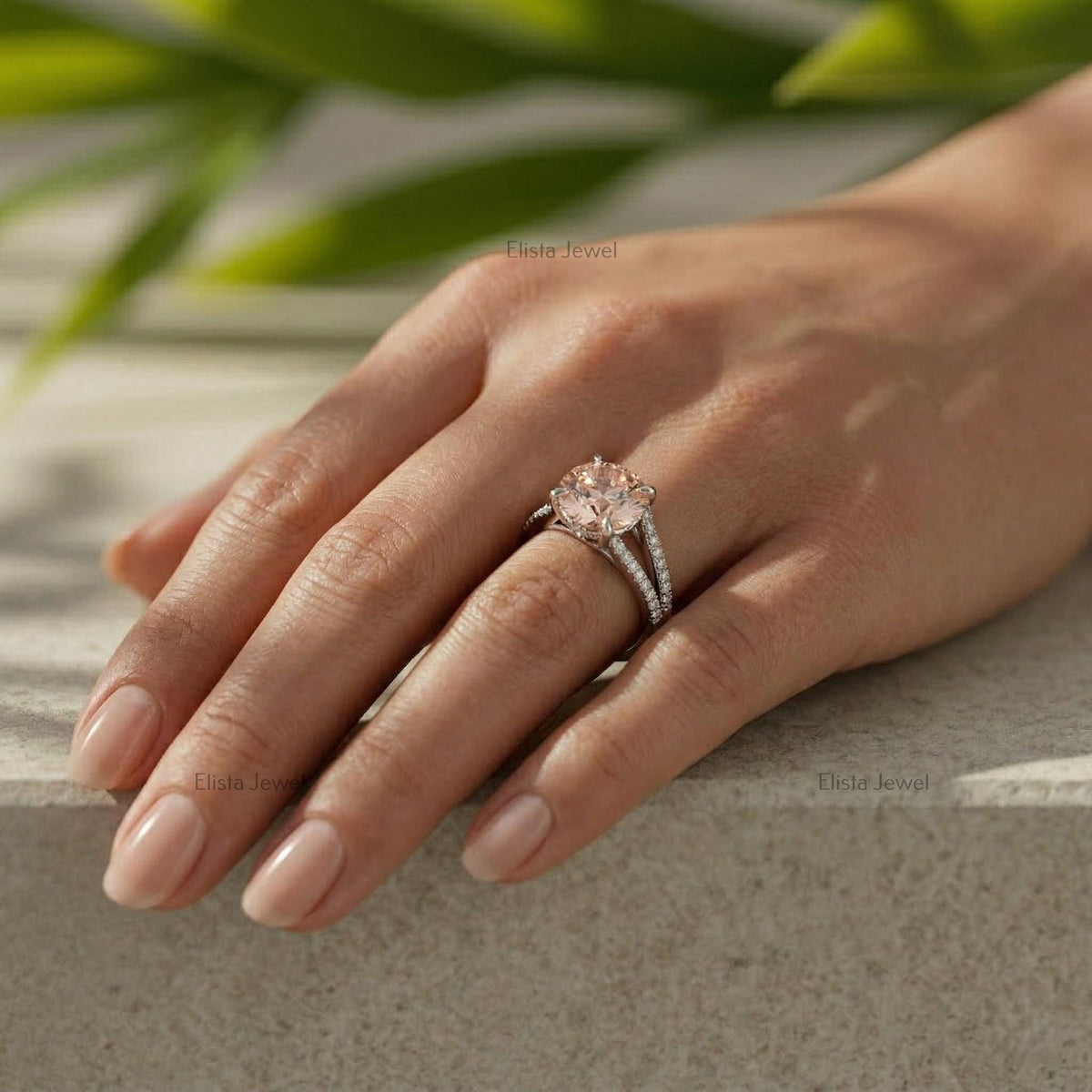 Round Lab Grown Diamond Split Shank Engagement Ring, Peach Solitaire, Micro Pave Band (IGI Certified)