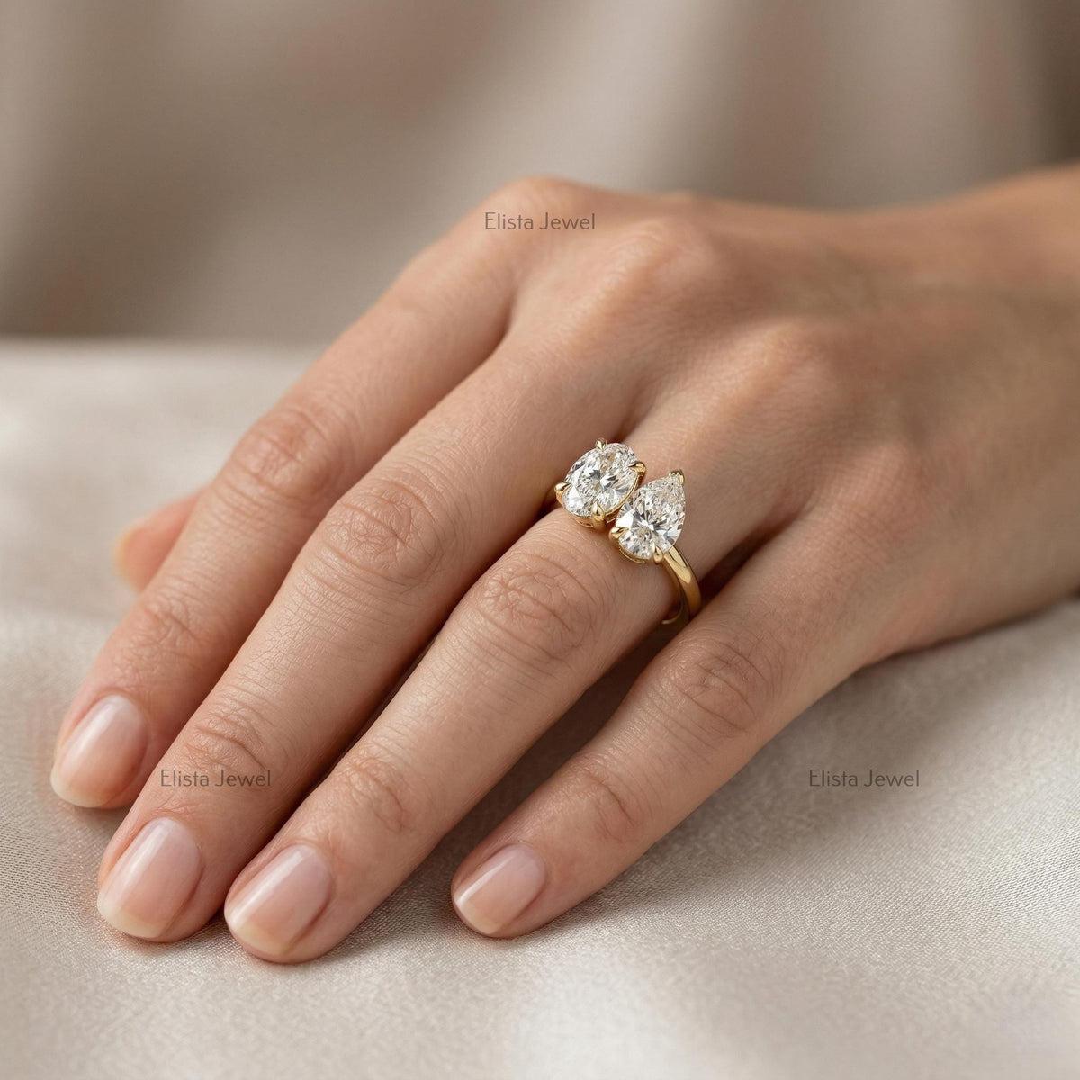 Toi Et Moi Oval Pear Lab Grown Diamond Ring 14K Yellow Gold (IGI Certified)