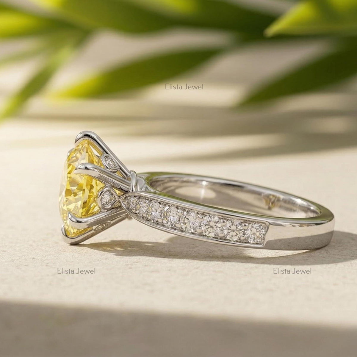 Round Lab Grown Yellow Diamond Engagement Ring, Pave Band, IGI Certified