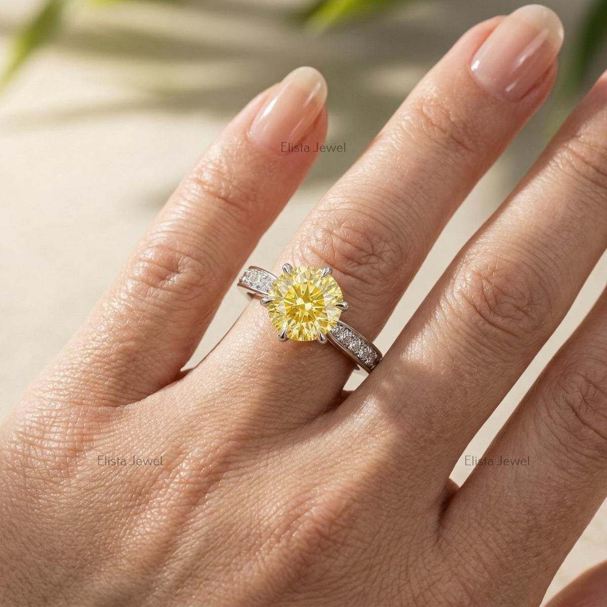 Round Lab Grown Yellow Diamond Engagement Ring, Pave Band, IGI Certified