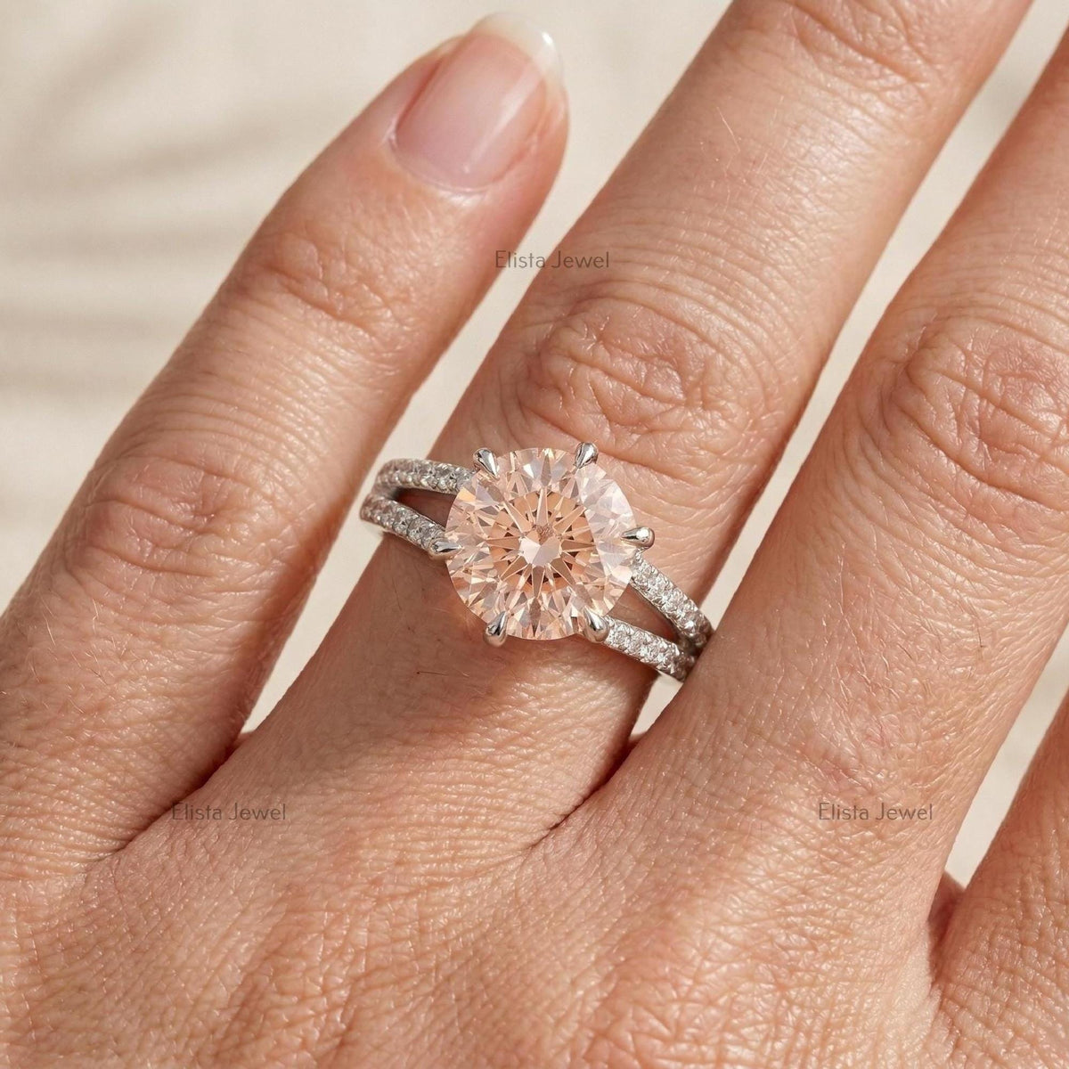 Round Lab Grown Diamond Split Shank Engagement Ring, Peach Solitaire, Micro Pave Band (IGI Certified)