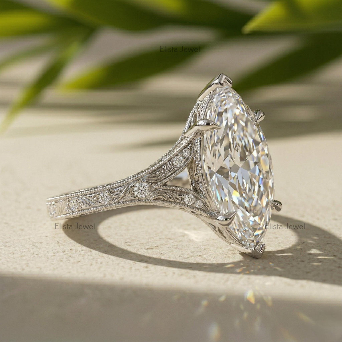 Marquise Lab Grown Diamond Engagement Ring, 14K White Gold Filigree Split Shank (IGI Certified)