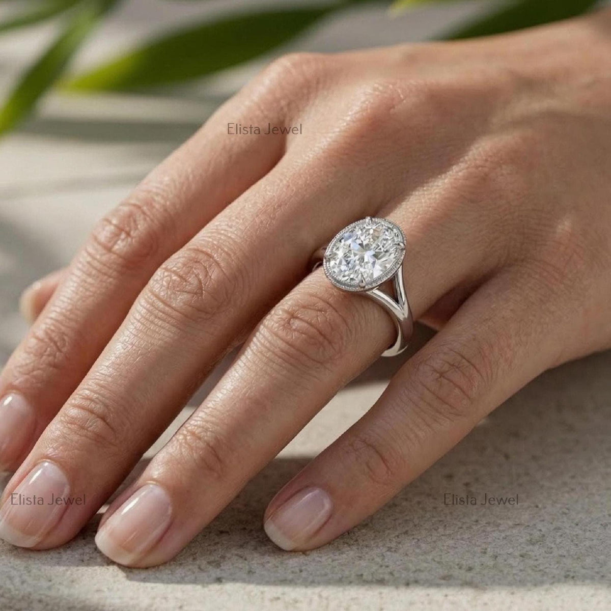 Oval Lab Grown Diamond Engagement Ring, Split Shank Milgrain Bezel, IGI Certified Statement Ring