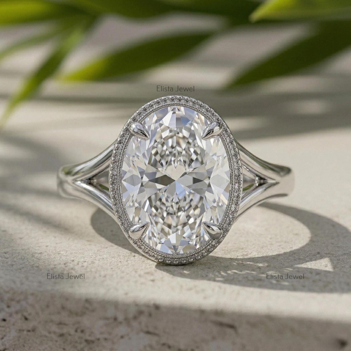 Oval Lab Grown Diamond Engagement Ring, Split Shank Milgrain Bezel, IGI Certified Statement Ring