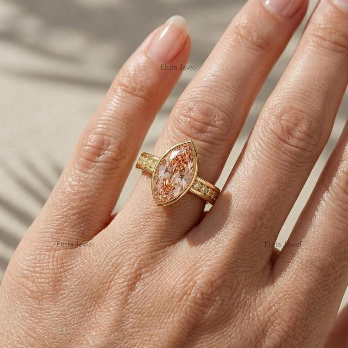 IGI Certified Pink Marquise Lab Diamond Engagement Ring, 18K Yellow Gold Channel Set